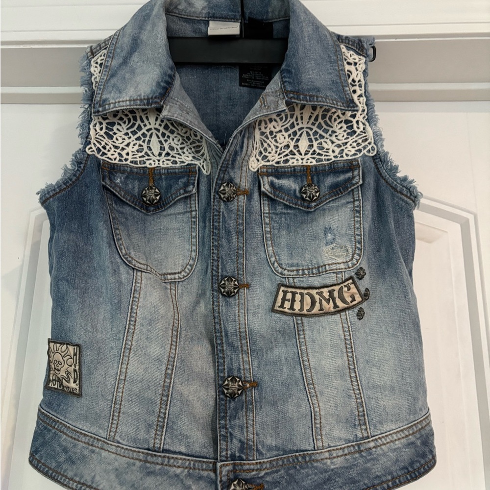 Harley-Davidson Blue Denim Vest with White Lace Skull Detail